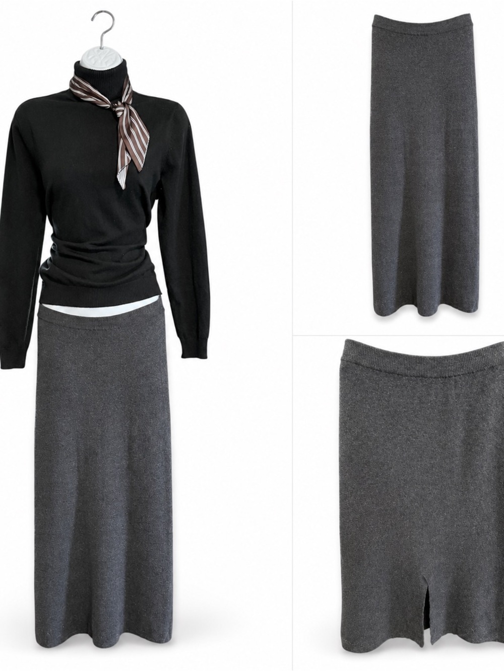 Vintage Jeanne Pierre Charcoal Gray Knit Maxi Skirt Size Small
